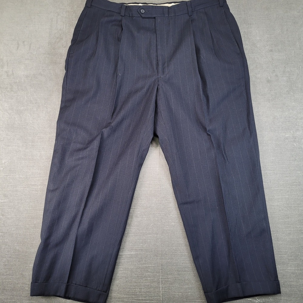 Tommy Hilfiger 90's Mens Navy Blue Pinstripe Pleated Cuffed Dress Pants Trousers